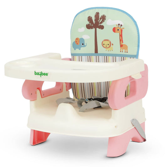 Baybee Portable Baby Booster Chair for Feeding | Folding Dining Chair with 2-Level Height Adjustment, Removable Food Tray & Safety Belt | Infant Sitting Chair for Kids 6 Months–3 Years (Pink)