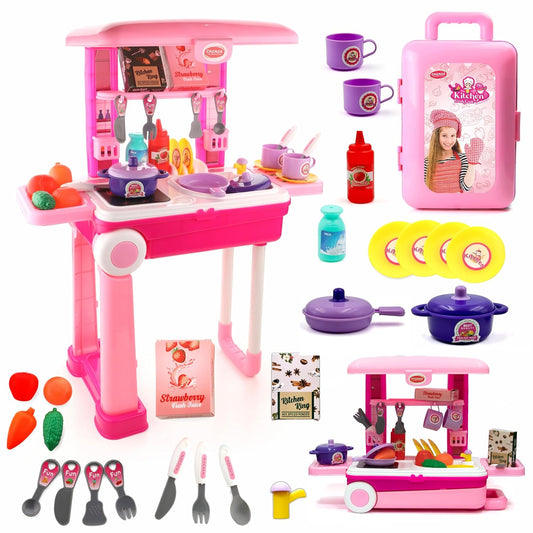 Chanak Kitchen Suitcase Set for Girls | 23-Piece Colorful Pretend Play Cooking Toy Set | Portable Kitchen Playset for Kids 3+ Years | BIS Approved
