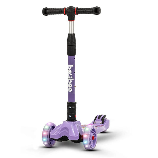 Baybee Flash Kids Kick Scooter | 3-Wheel Foldable Scooter with Adjustable Handlebar, LED PU Wheels & Rear Brake | Purple Skating Scooter for Kids Up to 75 Kg
