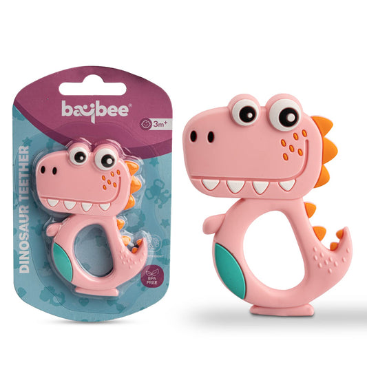 Baybee Silicone Baby Teether for Teething Gums | Manhattan Teething Rattle Toy with Loops Ring | 100% Food-Grade, BPA-Free Chew Teether for Infants (6–12 Months, Dinosaur Pink)