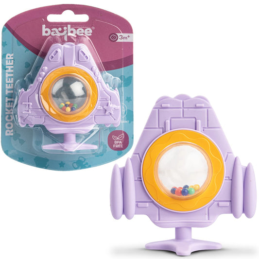 Baybee Silicone Baby Teether for Teething Gums, Manhattan Teething Rattle Toy with Loops Ring, 100% Food Grade Silicone & BPA Free Teether Toy for Babies, Chew Teether for 6 to 12 Months (Rocket Violet)