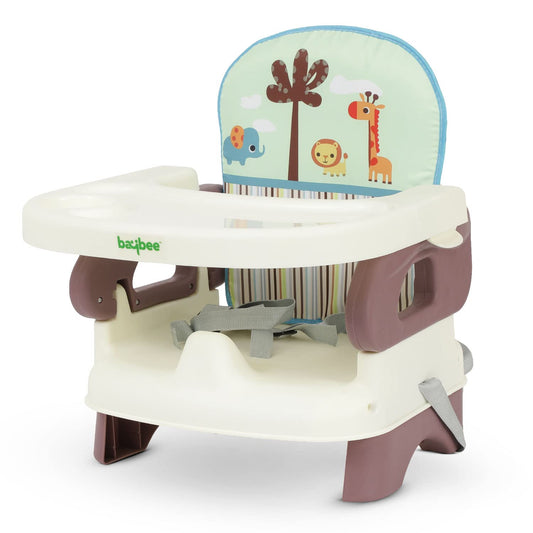 Baybee Portable Baby Booster Chair for Feeding | Folding Dining Chair with 2-Level Height Adjustment, Removable Food Tray & Safety Belt | Infant Sitting Chair for Kids 6 Months–3 Years (Brown)