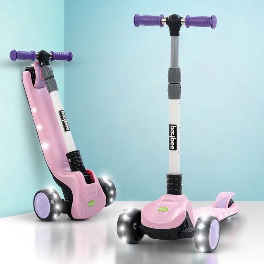 Baybee Phantom Baby Kick Scooter for Kids | Foldable 3-Wheel Kids Scooter with 3 Height Adjustable Handle, Music, LED PU Wheels & Brake | Runner Skating Scooter for Boys & Girls 2–10 Years (Pink)