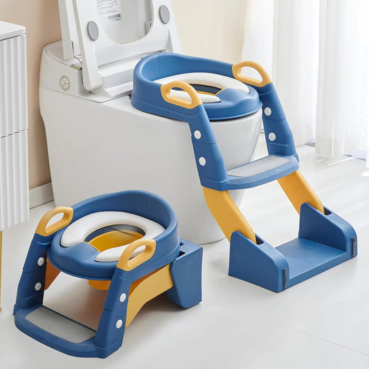 Baybee Vega 3-in-1 Western Toilet Potty Seat for Kids | Baby Potty Training Seat Chair with Ladder, Handles, Soft Cushion & Splash Guard | Convertible Toddler Toilet Seat for Boys & Girls 1-8 Years (Blue)