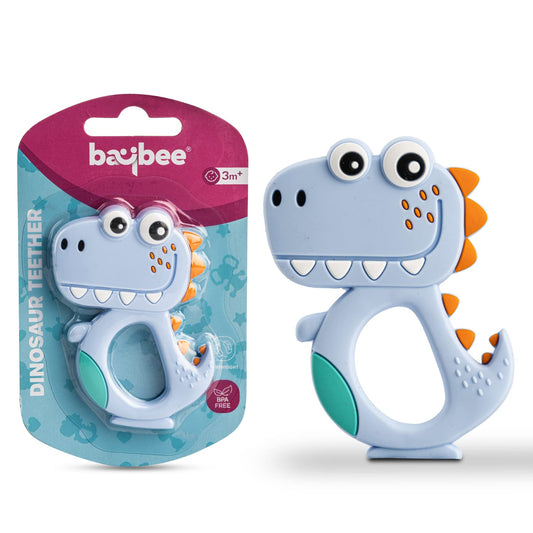 Baybee Silicone Baby Teether for Teething Gums | Manhattan Teething Rattle Toy with Loops Ring | 100% Food-Grade, BPA-Free Chew Teether for Infants (6–12 Months, Dinosaur Blue)