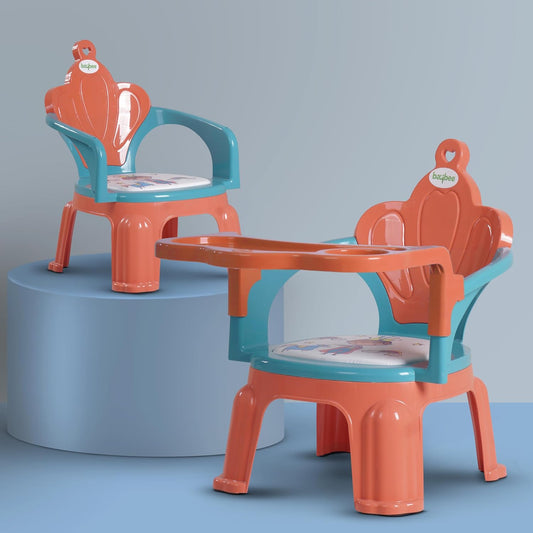 Baybee Emperia Baby Chair for Kids 1-4 Years | Plastic Study & Feeding Chair with Cushion Seat, Removable Food Tray & High Backrest | Booster Seat for Toddlers, Home & School Use (Pink/Green)