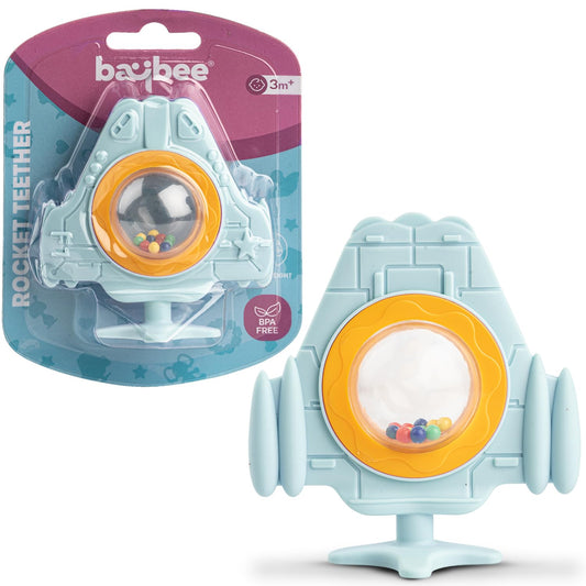 Baybee Silicone Baby Teether for Teething Gums | Manhattan Teething Rattle Toy with Loops Ring | 100% Food-Grade, BPA-Free Chew Teether for Infants (6–12 Months, Rocket Blue)