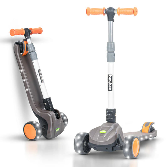 Baybee Phantom Baby Kick Scooter for Kids | Foldable 3-Wheel Kids Scooter with 3 Height Adjustable Handlebar, Music, LED PU Wheels & Rear Brake | Runner Skating Scooter for Boys & Girls 2–10 Years (Grey)