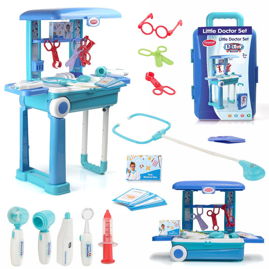 Chanak Premium Doctor Set Trolley for Kids | Pretend Play Doctor Kit with LED Light Instruments | Portable Medical Trolley for Boys & Girls 3+ Years | BIS Approved (Blue Trolley)
