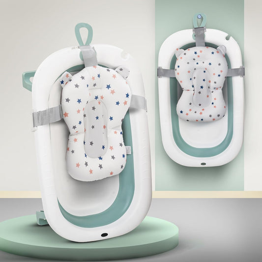 Baybee Foldable Baby Bath Tub for Kids 0-5 Years | Portable Bathtub with Anti-Skid Base, Support Cushion & Drain Plug | Mini Swimming Pool for Newborns, Boys & Girls (Green)