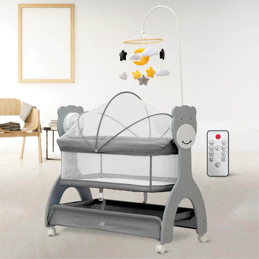 Mee Mee Sweet Love Electric Baby Swing Cradle – Remote Operated, 3-Level Swing Speeds, Portable Cot with Net & Cot Mobile, Suitable for Infants 0–1.5 Years (Grey) - Timbuktoon