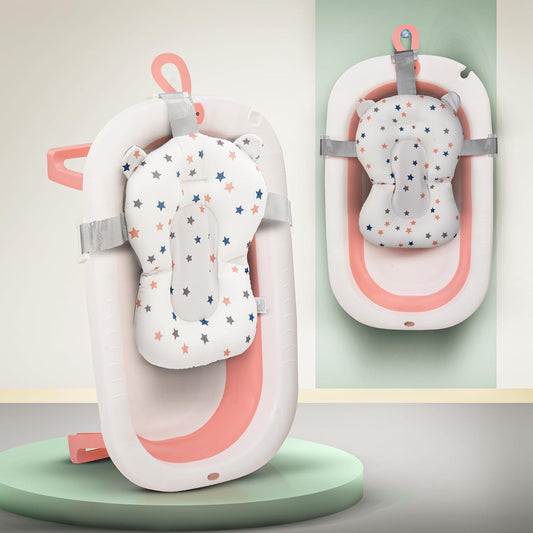 Baybee Foldable Baby Bath Tub for Kids 0-5 Years | Portable Bathtub with Anti-Skid Base, Support Cushion & Drain Plug | Mini Swimming Pool for Newborns, Boys & Girls (Pink)