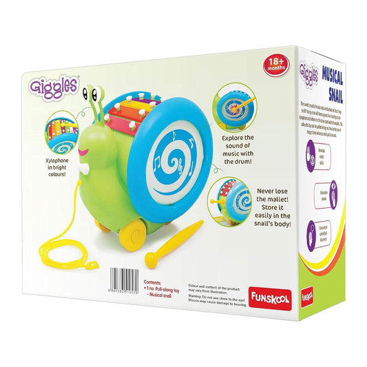 Giggles Funskool Pull Along Musical Snail, with Xylophone & Drum, Activity & Learning Toys for Babies, Toddlers, Encourage Walking, Improve Balance, Multicolour, Gift Set for Kids, Ages 12+ Months - Timbuktoon