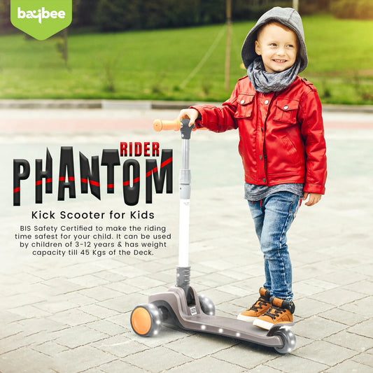 Baybee Phantom Baby Kick Scooter for Kids | Foldable 3-Wheel Kids Scooter with 3 Height Adjustable Handlebar, Music, LED PU Wheels & Rear Brake | Runner Skating Scooter for Boys & Girls 2–10 Years (Grey)