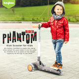 Baybee Phantom Baby Kick Scooter for Kids | Foldable 3-Wheel Kids Scooter with 3 Height Adjustable Handlebar, Music, LED PU Wheels & Rear Brake | Runner Skating Scooter for Boys & Girls 2–10 Years (Grey)
