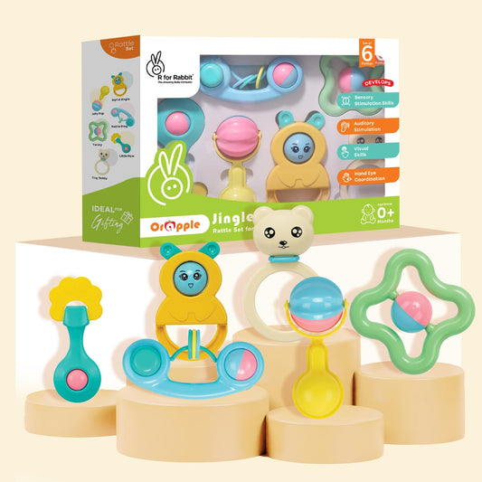 R for Rabbit Orapple Jingle Joy Baby Rattles Set | 6 Pcs Lightweight Infant Rattle Toys | BPA-Free, Non-Toxic, Safe Round Edges | Newborn Baby Toys (Multicolor)