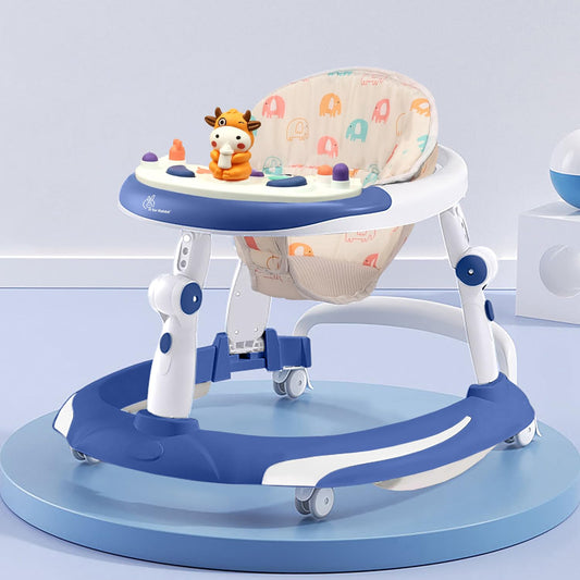 R for Rabbit Little Feet Plus Baby Walker with Rocker | 3-Level Height & 4-Level Seat Adjustment | With Detachable Toy Bar & Rocking Function | for Babies 6–18 Months, Up to 15 kg (Blue White)