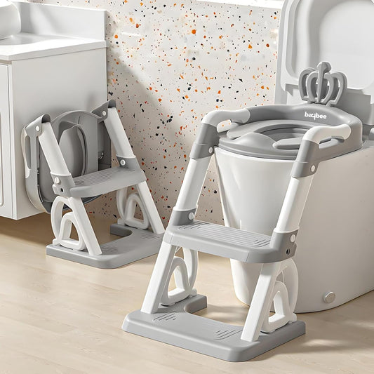 Baybee Crown Western Toilet Potty Seat for Kids | Baby Potty Training Seat with Ladder, Adjustable Step Height & Soft Cushion | Toddler Toilet Training Seat Chair for Boys & Girls 1-8 Years (Grey)