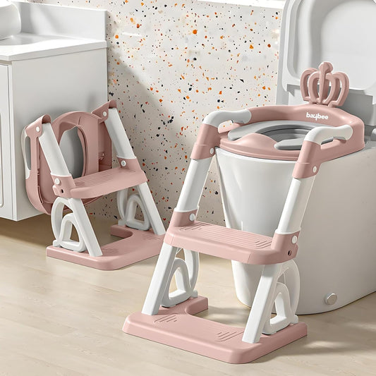 Baybee Crown Western Toilet Potty Seat for Kids | Baby Potty Training Seat with Ladder, Adjustable Step Height & Soft Cushion | Toddler Toilet Training Seat Chair for Boys & Girls 1-8 Years (Pink)