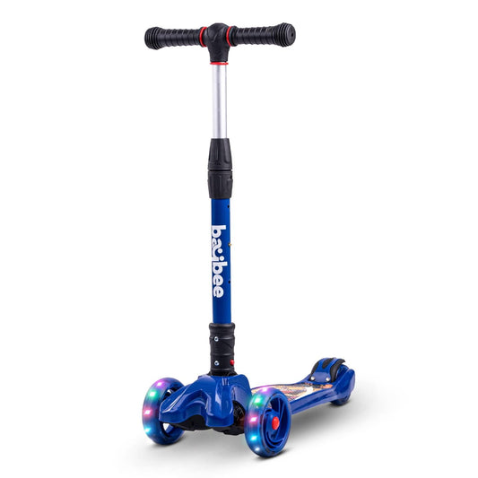 Baybee Flash Kick Scooter for Kids | Foldable 3-Wheel Scooter with 4 Height Adjustable Handlebar, LED PU Wheels & Rear Brake | Skating Scooters Up to 75 Kg Capacity | Blue