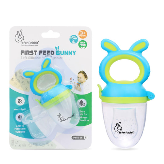 R for Rabbit First Feed Bunny Nibbler Soft Silicone Fruit & Veggie Feeder | Baby Teether & Pacifier | Hygienic, BPA-Free | For Infants 3+ Months (Green-Blue)