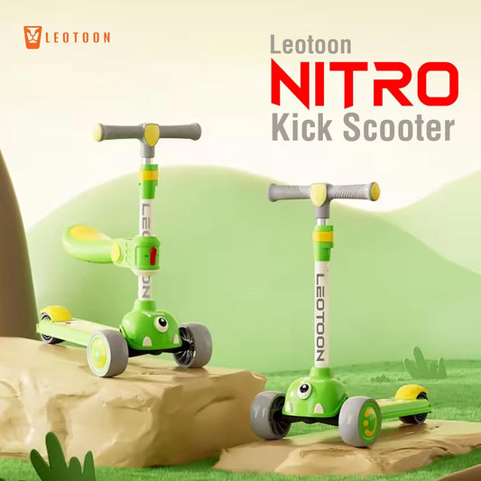 Leotoon Nitro Kick Scooter for Kids | 3-Height Adjustable Aluminium Alloy Scooter with Seat, Lean-to-Steer Technology, Rear Fender Brake, Anti-Slip Deck & Quick Folding | 3 LED PU Wheels (Green, 3–8 Years)