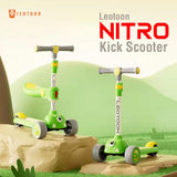 Leotoon Nitro Kick Scooter for Kids | 3-Height Adjustable Aluminium Alloy Scooter with Seat, Lean-to-Steer Technology, Rear Fender Brake, Anti-Slip Deck & Quick Folding | 3 LED PU Wheels (Green, 3–8 Years)