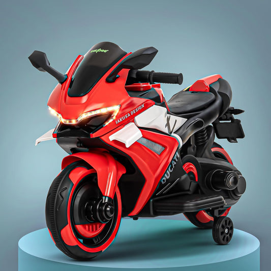 Baybee Baby Battery Operated Bike for Kids | Rechargeable Ride-on Toy Bike with Foot Accelerator, Music, LED Lights & Training Wheels | Electric Bike for Boys & Girls 1 to 3 Years (Red)