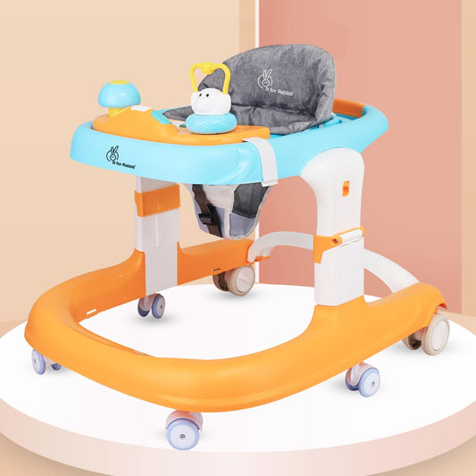 R for Rabbit Little Feet Sportz Baby Walker for Kids 9–18 Months | 2-in-1 Seated & Push Activity Walker with Music, Adjustable Height, Meal Tray & Foldable Design (Orange Blue)