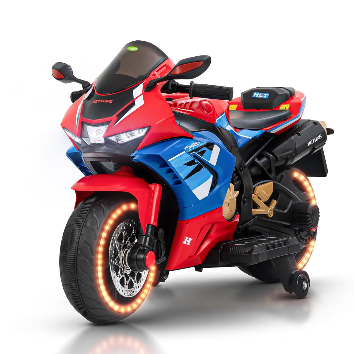 BAYBEE Hetong Baby Battery Operated Ride-On Bike for Kids | Electric Racing Bike with Hand Accelerator, Music & LED Lights | 3 to 8 Years (Red)