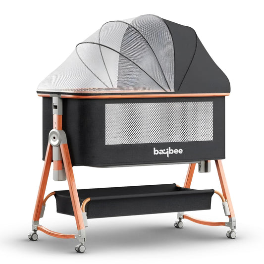 BAYBEE 3-in-1 Baby Bedside Crib Cradle with 6 Height Adjustments | Portable Bedside Bassinet with Storage Tray, Wheels & Rocker Function | Travel Crib Cot for Newborns (Clorah Black)
