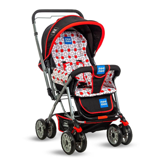 Mee Mee Little Explorer Premium Baby Stroller / Pram – 0 to 3 Years, Infant/Toddler, 5-Point Safety Belt, Reclining Seat, 360° Swivel Wheels, Spacious Storage Basket, Two-Way Handle, Mosquito Net (Dotted Red) - Timbuktoon