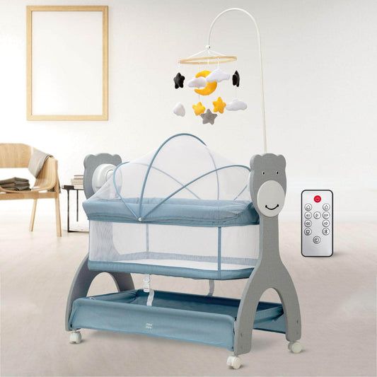 Mee Mee Sweet Love Auto-Swing Baby Cot – 3-Speed Remote Controlled Electric Cradle with Mosquito Cover & Toy Mobile, Lightweight Design, Up to 15 kg (Blue) - Timbuktoon
