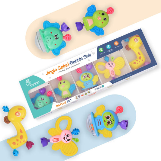 R for Rabbit Jingle Safari Infant Rattles Toy Set | 5-Pcs Lightweight Baby Toys | Safe, BPA-Free | For Newborns & Toddlers 0–24 Months (Multicolor)