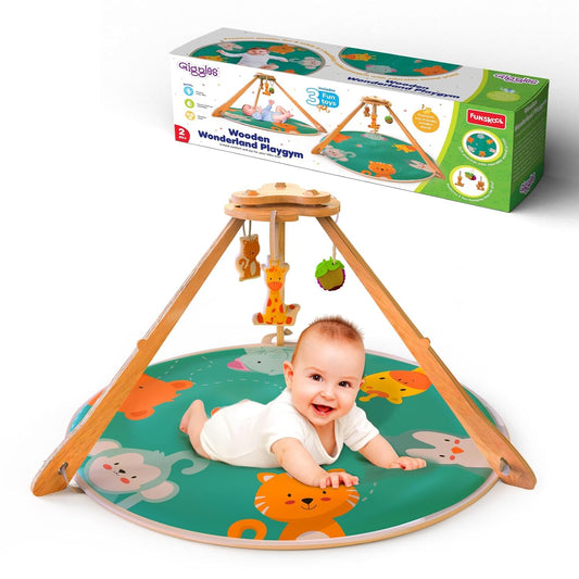 Funskool Wooden Wonderland Playgym – Animal Printed Soft & Comfy Activity Mat for Tummy Time | Developmental Toy for Babies 2+ Months | Multicolor Gift Set