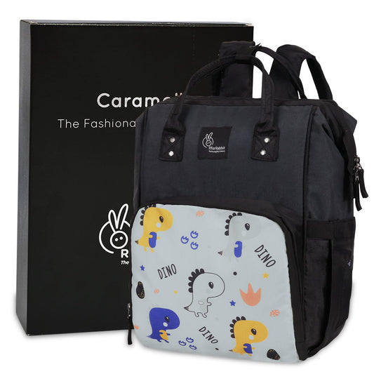 R for Rabbit Caramello Dino Baby Diaper Bag Backpack for Moms – Water Resistant, 11 Pockets, Large Storage, 3 Insulated Front Pockets (Grey)
