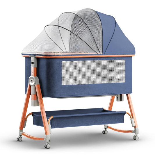 BAYBEE 3-in-1 Baby Bedside Crib Cradle with 6 Height Adjustments | Portable Bedside Bassinet with Storage Tray, Rocker Function & Wheels | Travel Crib Cot for Baby (Clorah Blue)