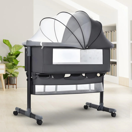 Baybee 3-in-1 Baby Bedside Crib with Mosquito Net, Wheels & Storage Basket | 2-Height Adjustable Convertible Bed Cot & Bedside Bassinet for Newborns, Infants & Toddlers