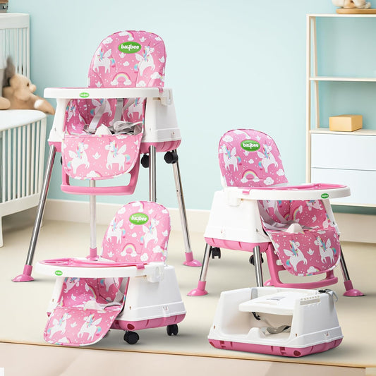 Baybee 4-in-1 Convertible High Chair for Kids | Foldable Baby Feeding Chair with Safety Harness, Adjustable Tray, Booster Seat & Recliner | Portable & Easy-to-Clean Dining Chair (Pink)