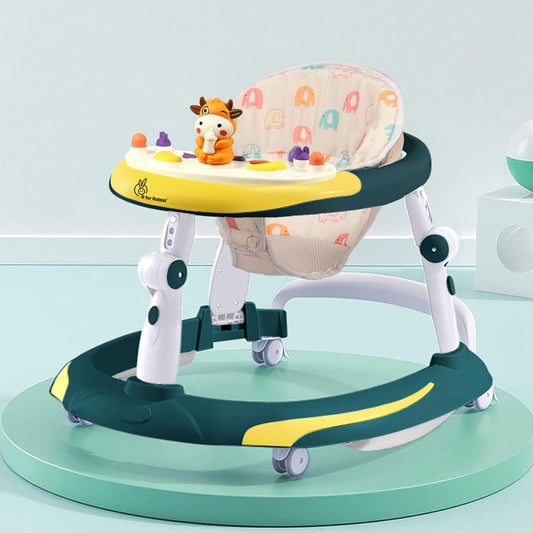 R for Rabbit Little Feet Plus Baby Walker with Rocker | 3-Level Height & 4-Level Seat Adjustment | with Detachable Recreational Toy Bar | for Babies 6–18 Months, Up to 15 kg (Green Yellow)