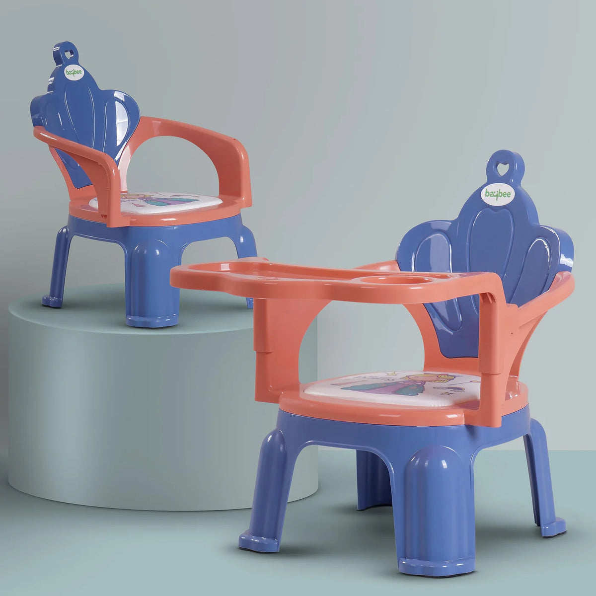 Baybee Emperia Baby Chair for Kids 1-4 Years | Plastic Study & Feeding Chair with Cushion Seat, Removable Food Tray & High Backrest | Booster Seat for Toddlers, Home & School Use (Pink/Blue)