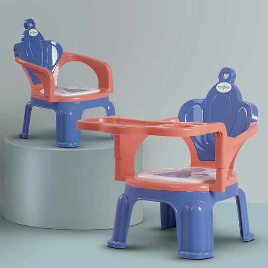 Baybee Emperia Baby Chair for Kids 1-4 Years | Plastic Study & Feeding Chair with Cushion Seat, Removable Food Tray & High Backrest | Booster Seat for Toddlers, Home & School Use (Pink/Blue)