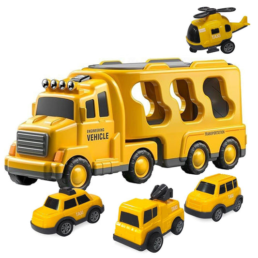 5-in-1 Vehicle Carrier Toy Set – Transport Truck with Pull-Back Cars, Helicopter & Lights/Sounds – Durable ABS Playset for Kids Aged 3+ - Timbuktoon
