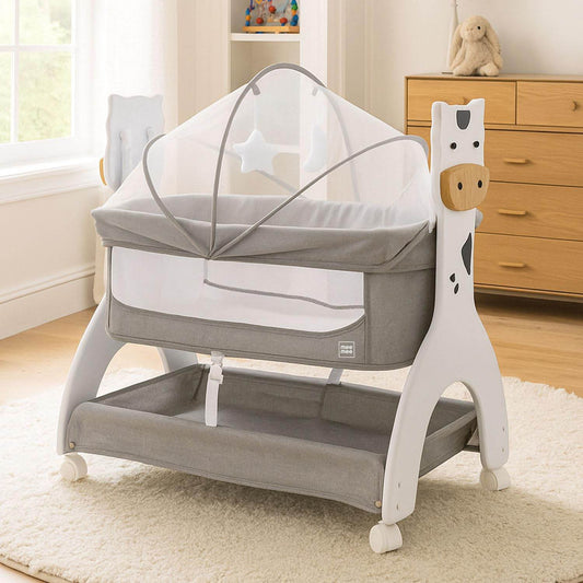 Mee Mee 2-in-1 Wooden Baby Swing & Cot – Convertible Bassinet with Mosquito Net, Mattress Pad & Lockable Wheels – Suitable for Newborn to 18 Months – 15 kg Capacity (Grey) - Timbuktoon