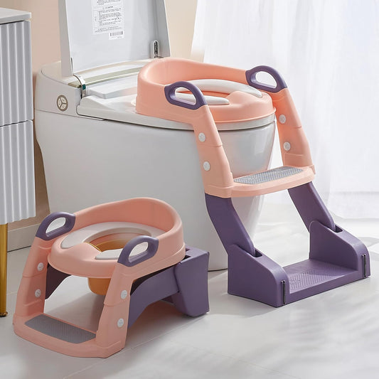 Baybee Vega 3-in-1 Western Toilet Potty Seat for Kids | Baby Potty Training Seat Chair with Ladder, Handles, Soft Cushion & Splash Guard | Convertible Toddler Toilet Seat for Boys & Girls 1-8 Years (Rose Pink)