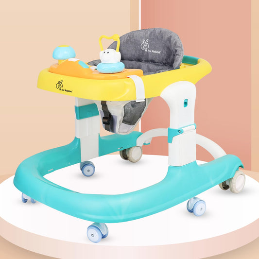 R for Rabbit Little Feet Sportz Baby Walker for Kids 9–18 Months | 2-in-1 Seated & Push Activity Walker with Music, Adjustable Height, Meal Tray & Foldable Design (Green Yellow)