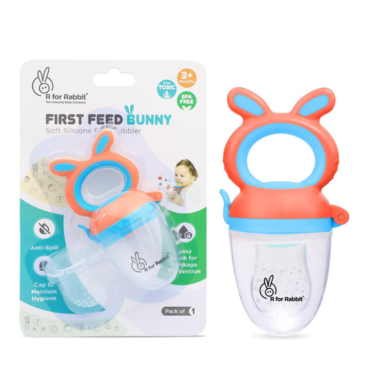 R for Rabbit First Feed Bunny Nibbler Soft Silicone Fruit & Veggie Feeder | Baby Teether & Pacifier | Hygienic, BPA-Free | For Infants 3+ Months (Orange-Blue)
