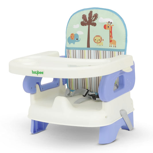 Baybee Foldable Baby Booster Seat for Feeding | Portable Infant Feeding Chair with 2-Level Height Adjustment, Removable Food Tray & Safety Belt | Baby Sitting Chair for Kids 6 Months–3 Years (Blue)