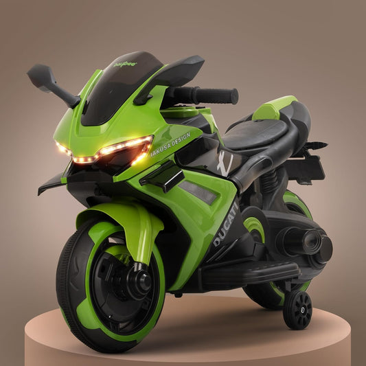 Baybee Baby Battery Operated Bike for Kids | Rechargeable Ride-on Toy Bike with Foot Accelerator, Music, LED Lights & Training Wheels | Electric Bike for Boys & Girls 1 to 3 Years (Green)