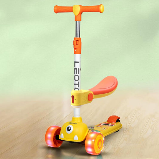 Leotoon Nitro Kick Scooter for Kids | 3-Height Adjustable Aluminium Alloy Scooter with Seat, Lean-to-Steer Technology, Rear Fender Brake, Anti-Slip Deck & Quick Folding | 3 LED PU Wheels (Yellow, 3–8 Years)